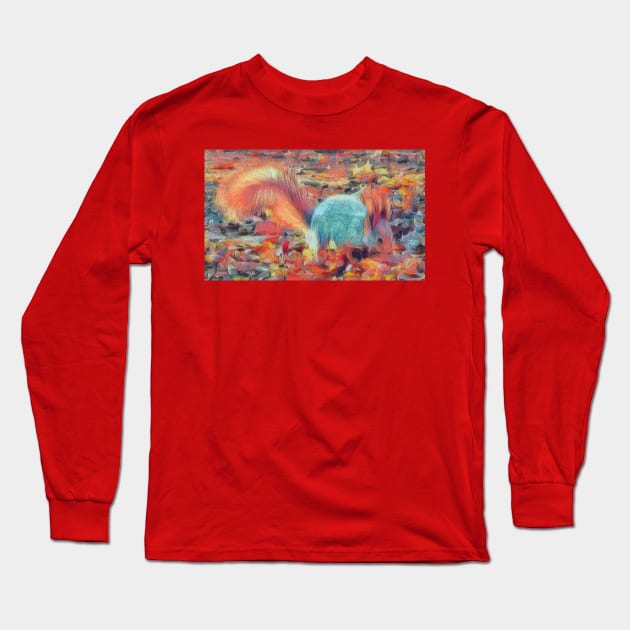 A squirrel looking for nuts in the fall foliage Long Sleeve T-Shirt by Evgeniya